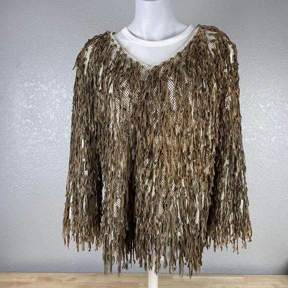 Judith Ann Creations Leather Brown Fringe Sweater Sz S Western Rodeo  Southwest - Picture 1 of 11